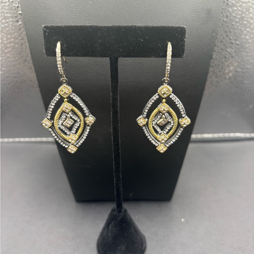 Two-Tone Gold and Silver Drop Earrings with Crystal Accents